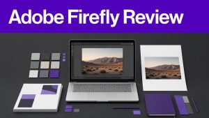 Laptop showing design software beside campaign mockups and color swatches on a modern desk.