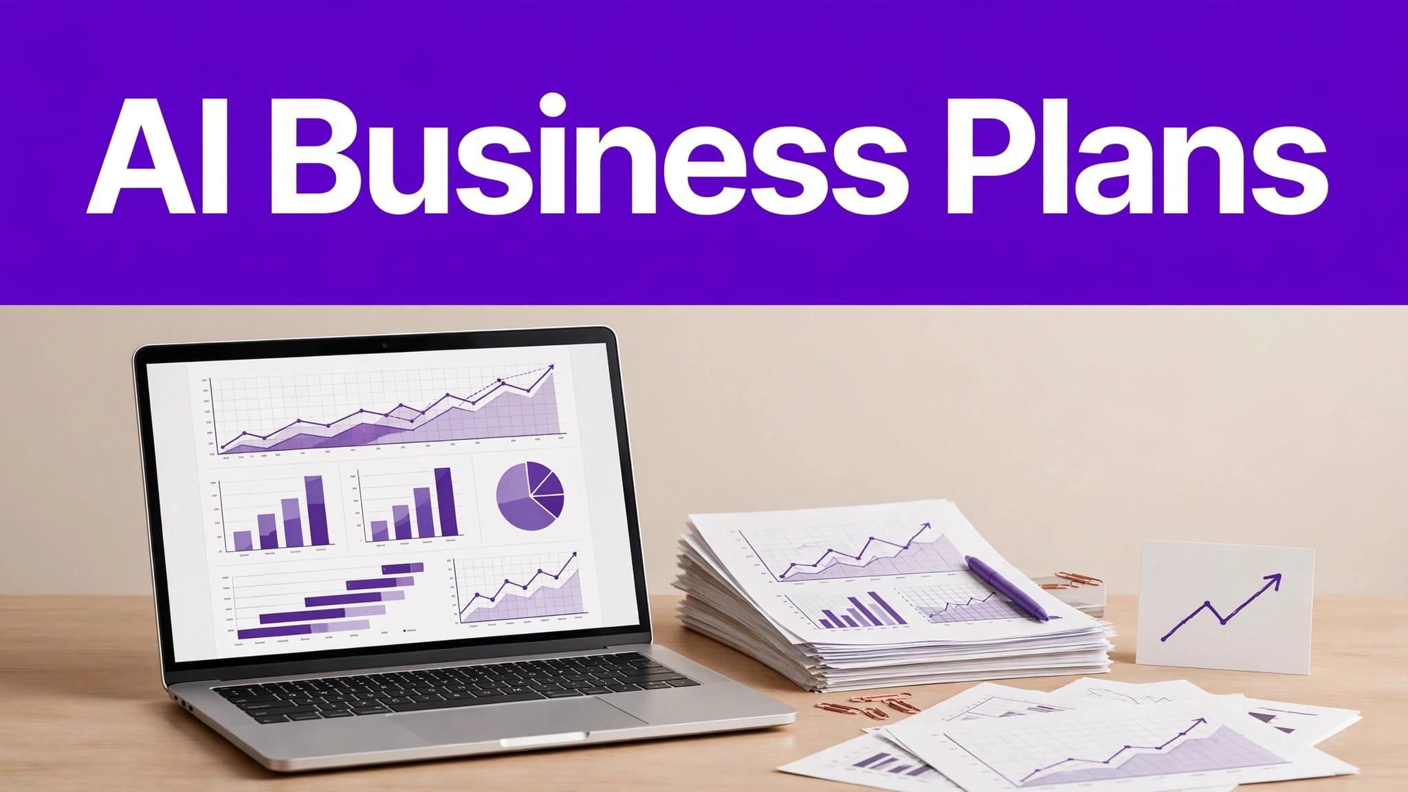 Laptop with business charts and financial papers beneath a purple headline band.