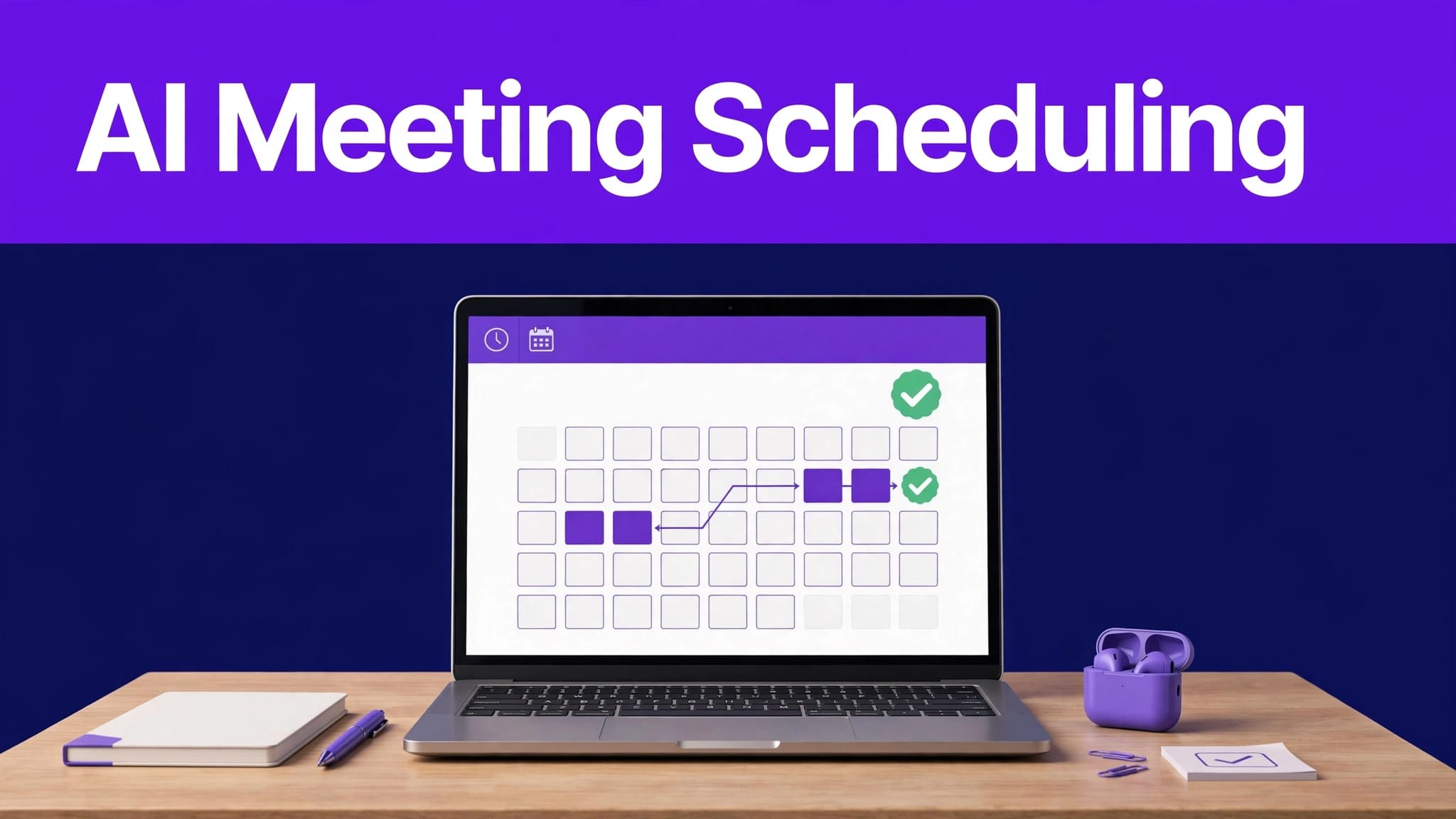 AI Meeting Scheduling Tools That Book Calls Automatically 1 Laptop showing connected meeting times beneath a purple scheduling banner.