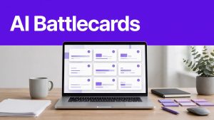 Laptop showing sales battlecards beneath a purple AI Battlecards banner.