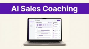 Laptop showing a call-analysis dashboard beneath a purple AI Sales Coaching banner.