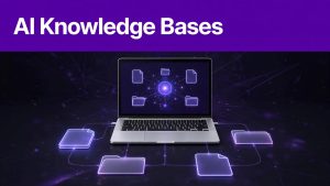 Laptop displaying connected documents beneath a purple headline band.