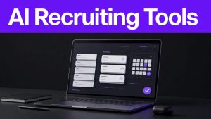 Laptop showing a hiring dashboard beneath a purple recruiting banner.