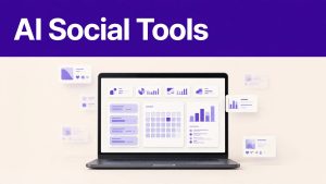 Laptop displaying a social media dashboard beneath a purple headline banner.
