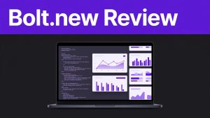 Laptop showing a web app dashboard and code panels in a purple browser interface.