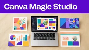 Laptop showing Canva Magic Studio beside social, ad, presentation, and email mockups.
