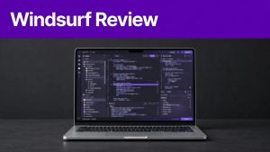 Laptop showing a code editor and review checkpoint beneath a purple banner.