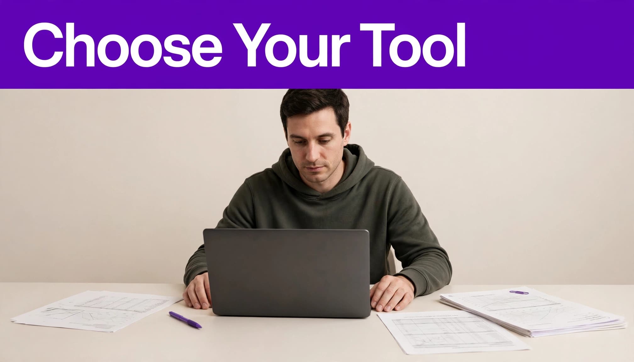A founder reviews planning software on a laptop beside printed financial worksheets.