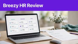 A laptop displays a hiring board beside a resume under a purple Breezy HR Review banner.