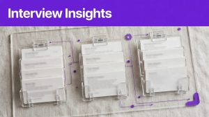Interview notes are grouped by theme beside a product requirements document.