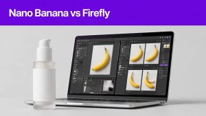 A cosmetic bottle beside a laptop with two editing workspaces and a purple headline banner.